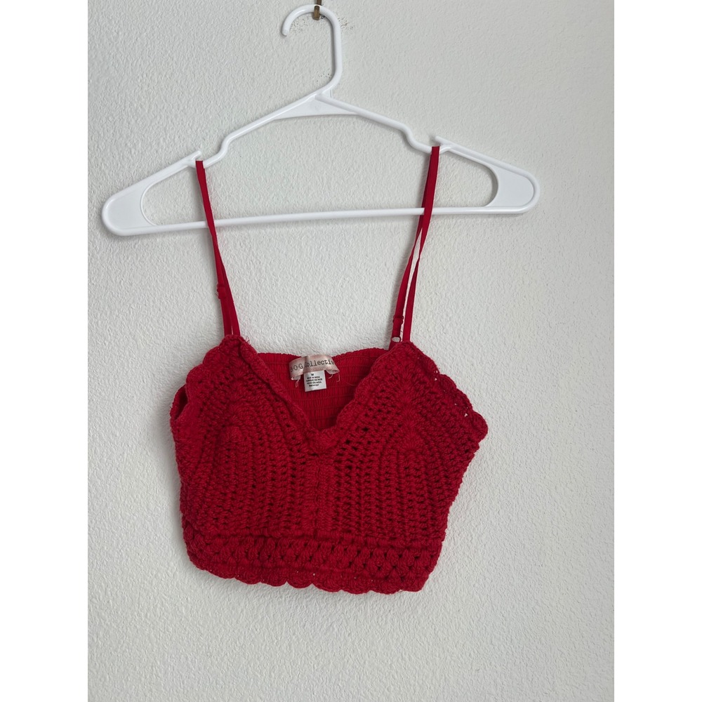 BOG Collection Red Crochet Smocked‎ Crop Top Spaghetti Strap Women's M